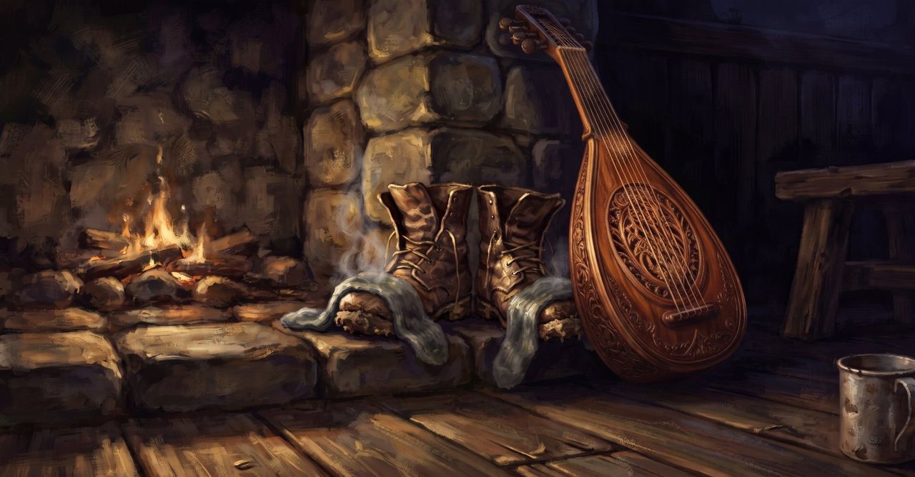 Muddy travelling boots drying by an inn fireplace with a lute leaning on the stones