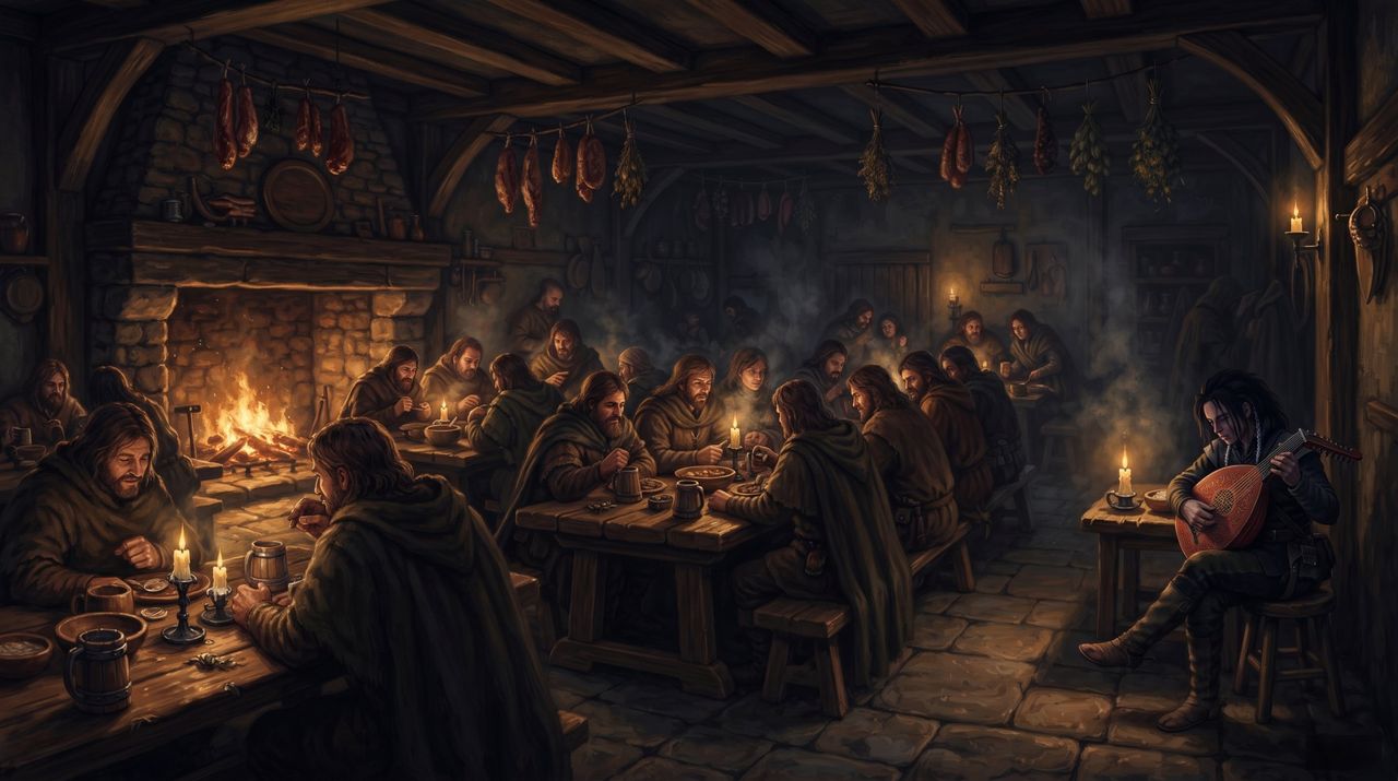 A crowded roadside inn by candlelight with a bard tuning a lute