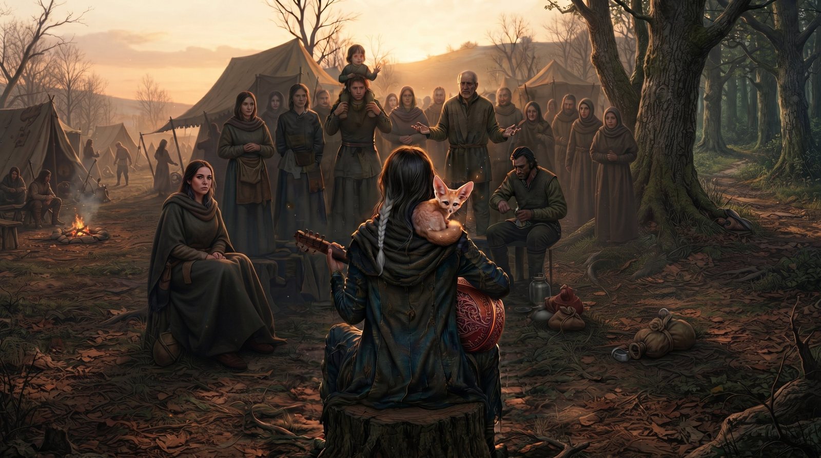 A bard seen from behind on a tree stump, a lute in her hands and a fennec fox on her shoulder, playing to a crowd of travellers outside a dusk camp