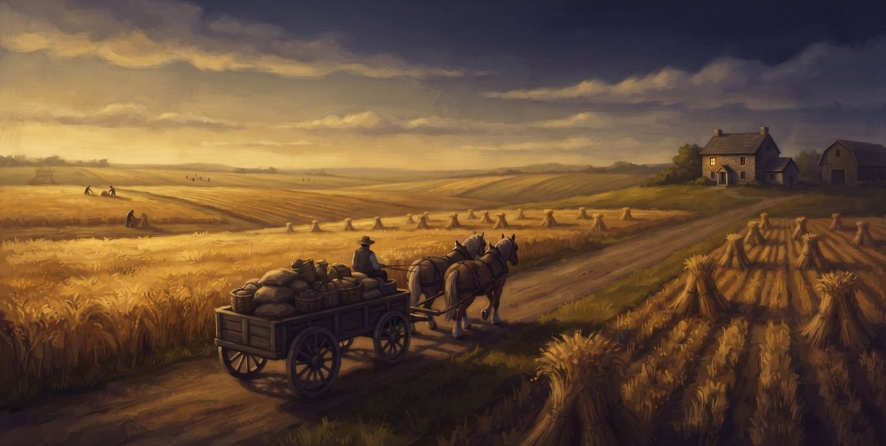 A horse-drawn cart of sacks and baskets on a road through golden harvest fields at sunset