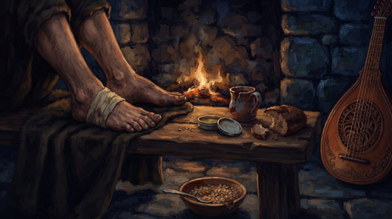 A seated traveller's bare, bandaged feet by a hearth, with a bowl of barley stew, bread, a salve tin, a mug and a lute