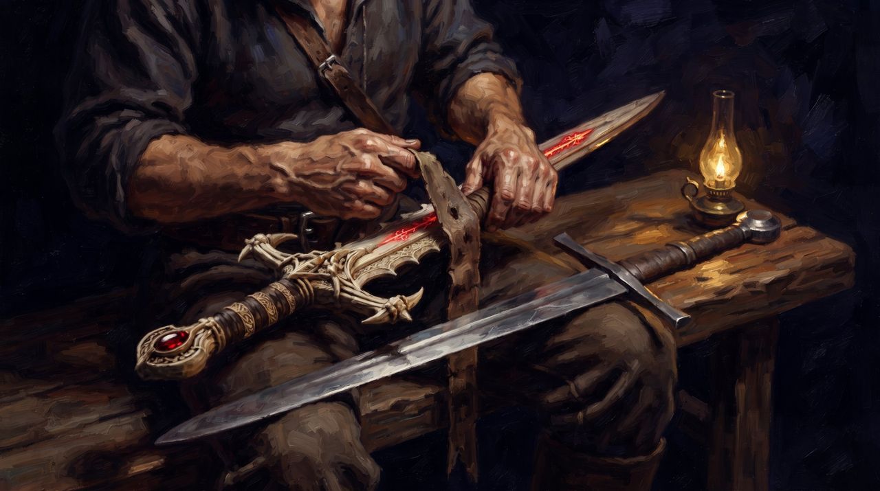 A swordsman's hands wiping a bone-hilted blade with glowing red runes, a plain steel sword beside it, a lantern on the table