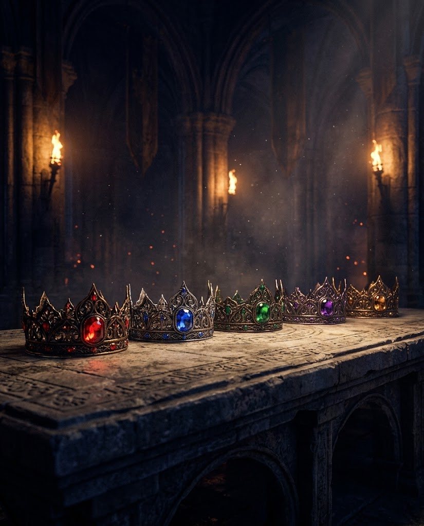 Five jewelled crowns, red, blue, green, purple and amber, resting on a stone table in a torchlit hall